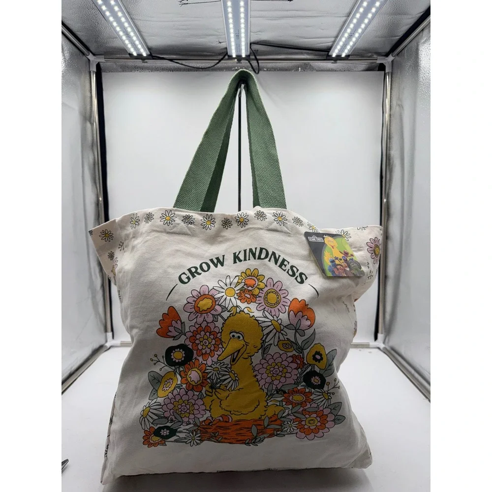 Sesame Street Big Bird Grow Kindness Canvas Tote Bag Floral Cream Green NWT